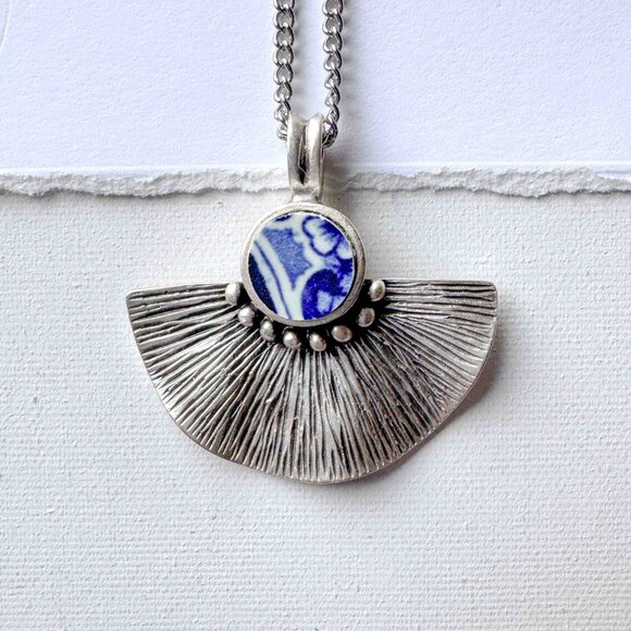 Blue White Ceramic Pendant Necklace Silver Fan Statement Necklace - Picture 4 of 9